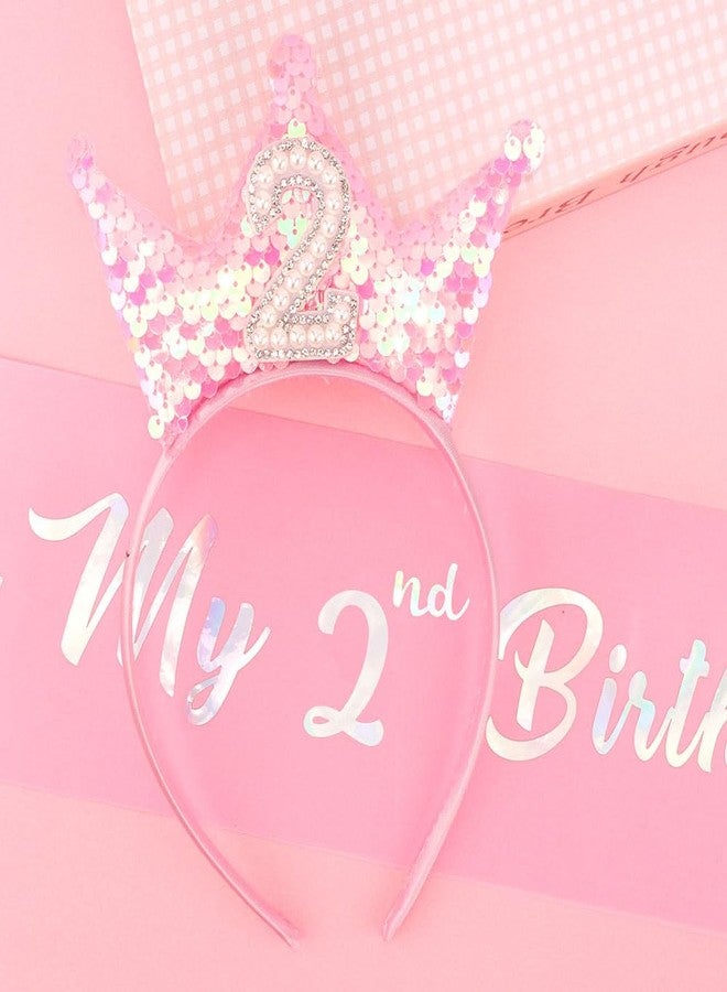 Exacoo 2nd Birthday Girl Sash and Headband Set 2nd Birthday decorations Girl Sequins Pearl Pricess Tiara Hairband,2 Year Old Two Sweet Happy Brithday Party Outfit Gifts - Image 2